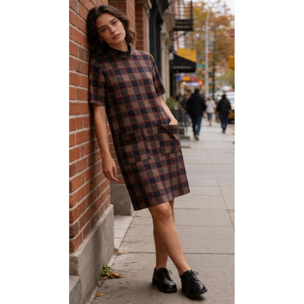 Zara Woman Plaid Mock Neck Shift Dress Navy Brown Red Short Sleeve Small